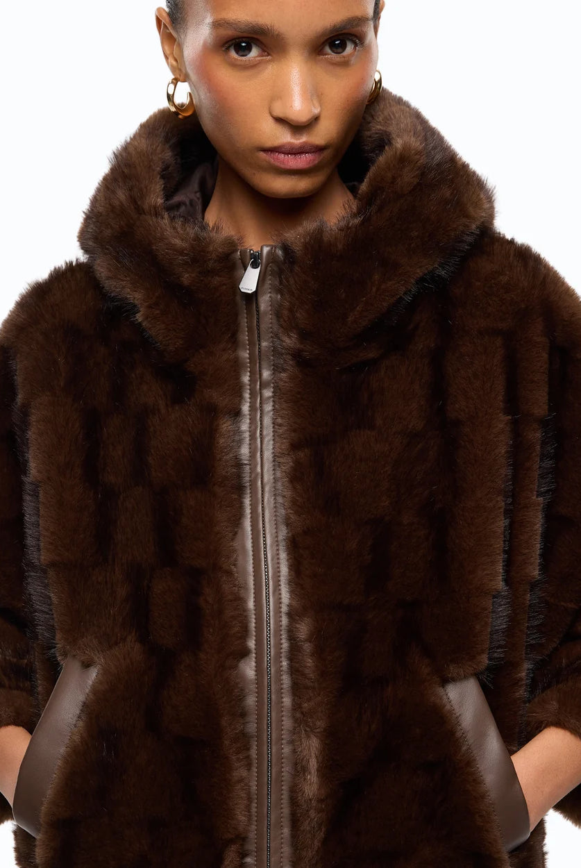 Cadetia Blouson Hooded Faur Fur Jacket - Brown by Pinko — view 3