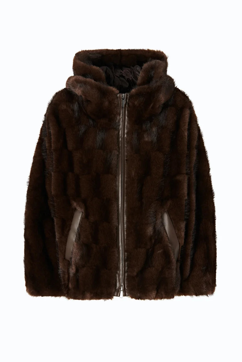 Cadetia Blouson Hooded Faur Fur Jacket - Brown by Pinko — view 5