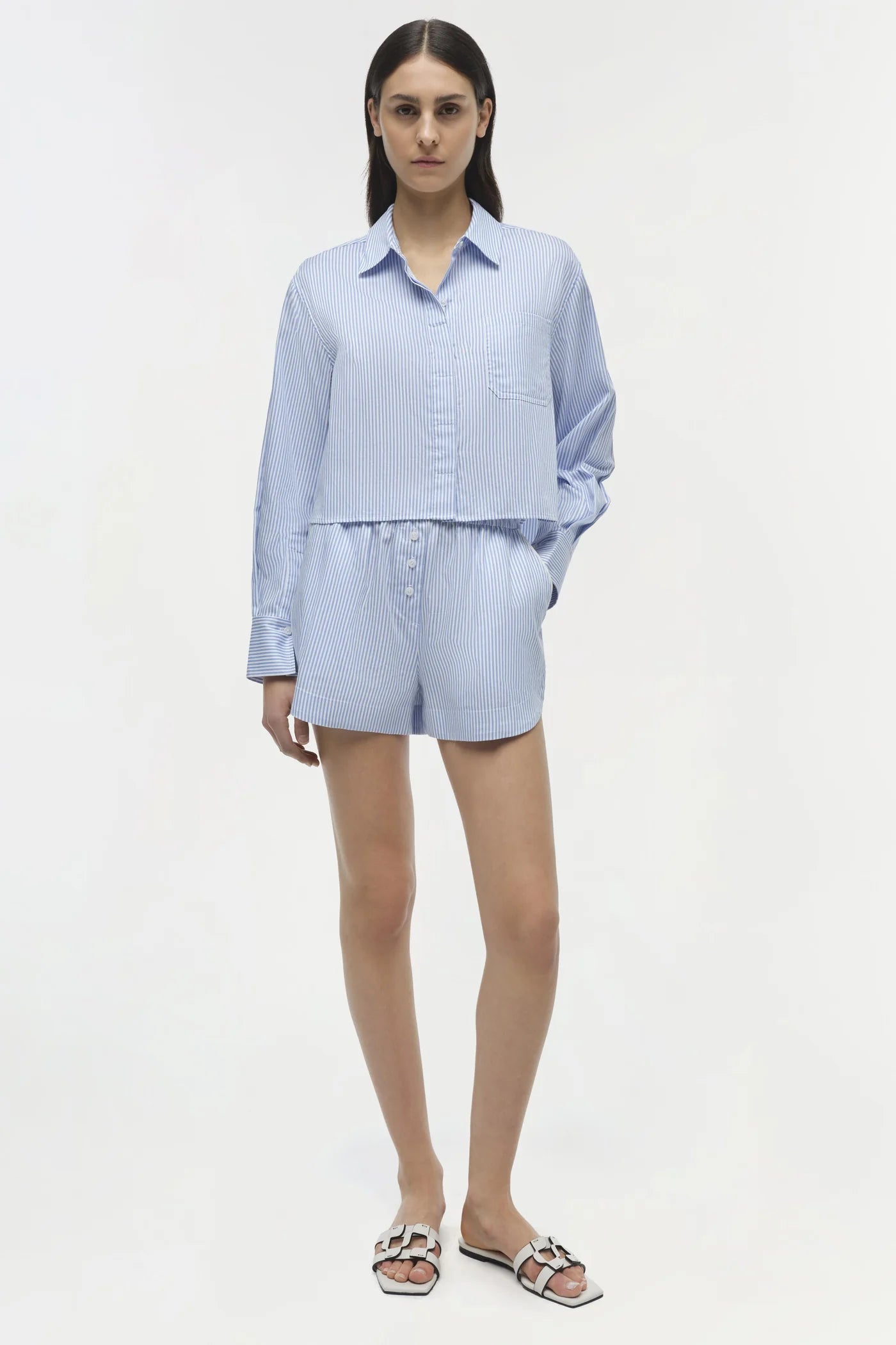 Renata Long Sleeve Cropped Shirt - Blue Hydrangea Stripe by Jonathan Simkhai — alternate view