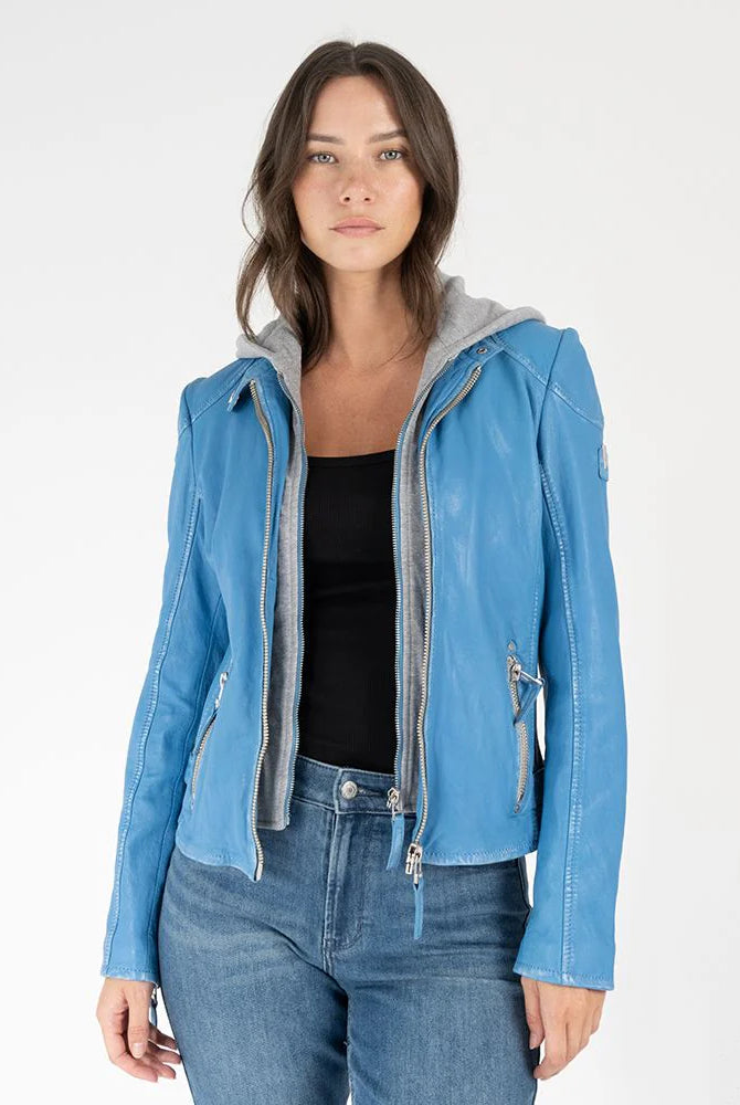 Finja Hooded Leather Jacket - Blue Lagoon by Mauritius | 25 South Boutiques