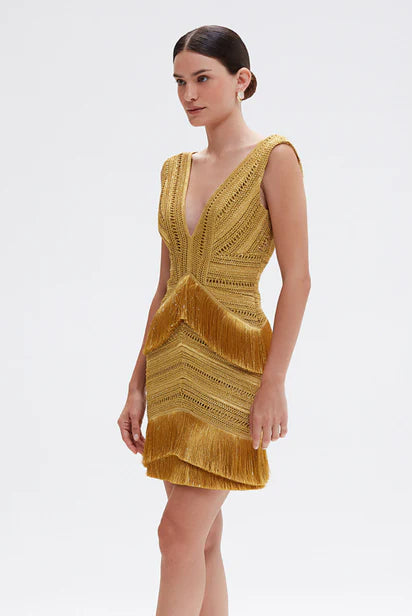 Pampas Fringe Mini Dress - Gold by PatBo — alternate view