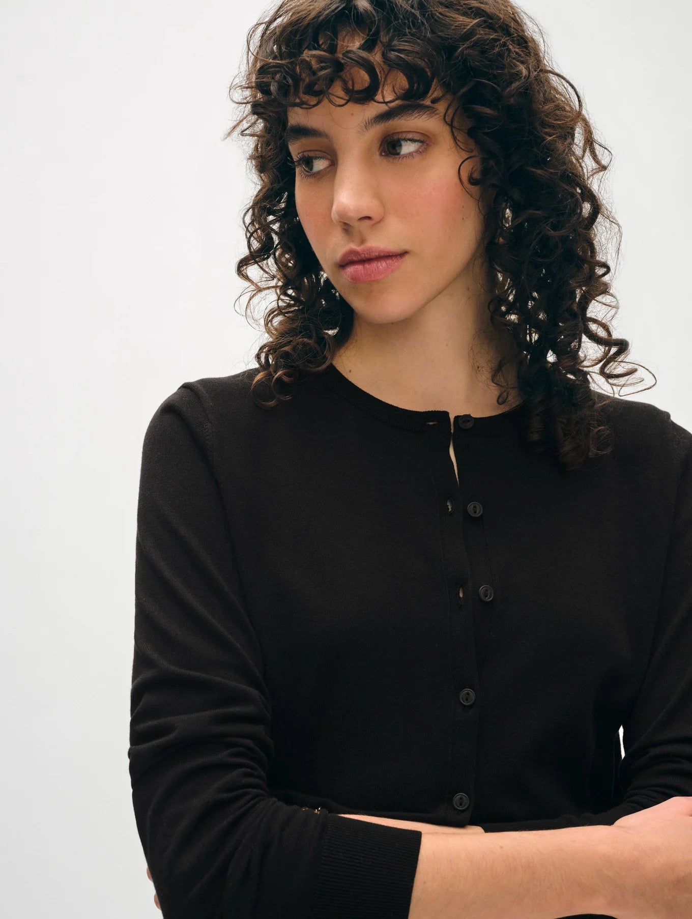 Organic Cotton Crewneck Cardigan - Black by White + Warren — alternate view