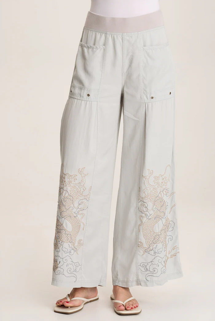 Phedora Twill Embroidered Wide Leg Pant - Grey Marble by XCVI | 25 South Boutiques