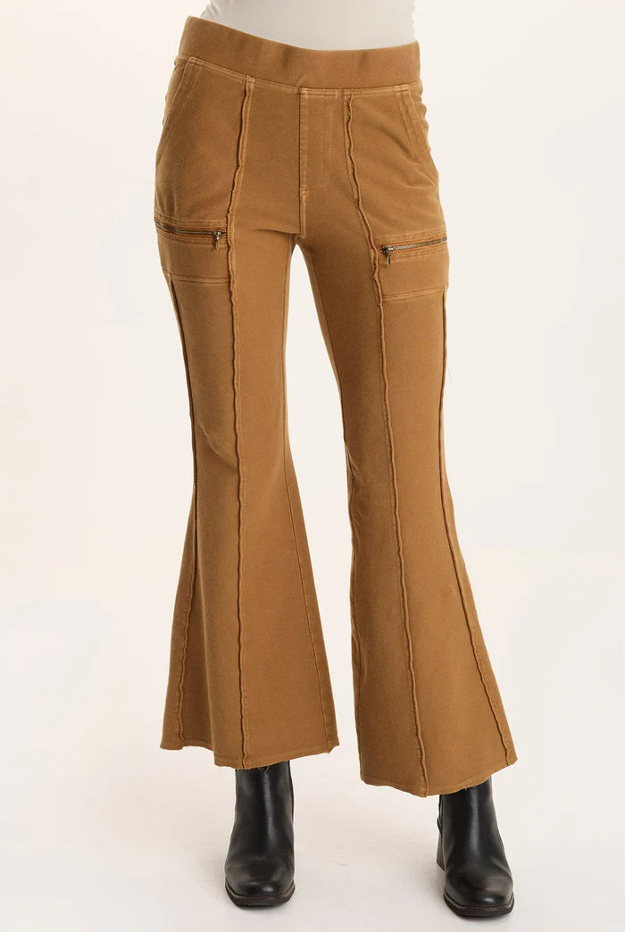 Ninian Twill Knit Zipper Pocket Flared Pant - Goldenrod Pigment by XCVI | 25 South Boutiques