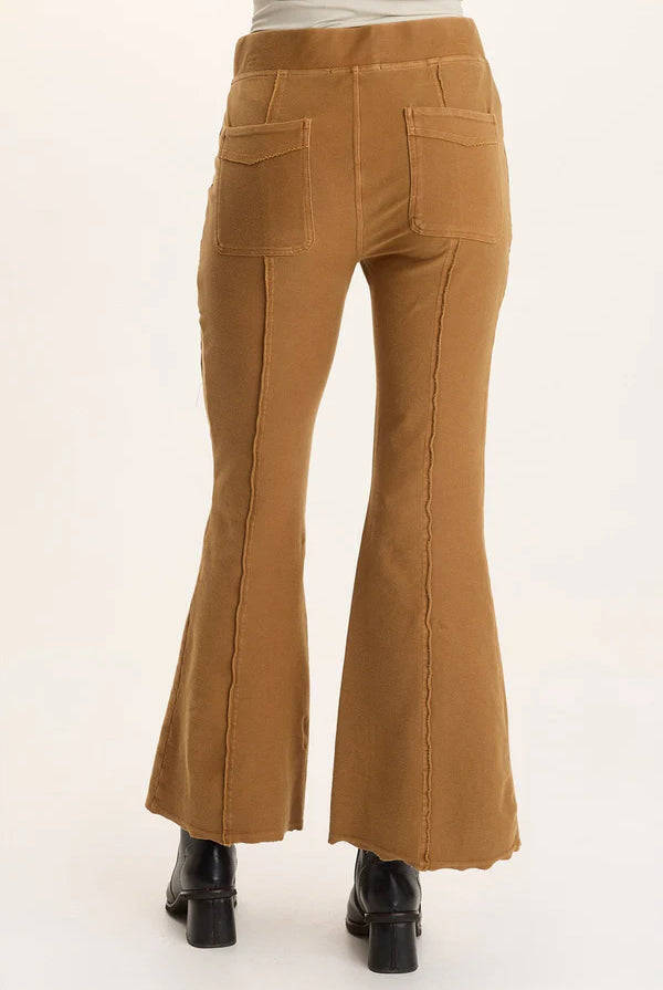 Ninian Twill Knit Zipper Pocket Flared Pant - Goldenrod Pigment by XCVI — view 3