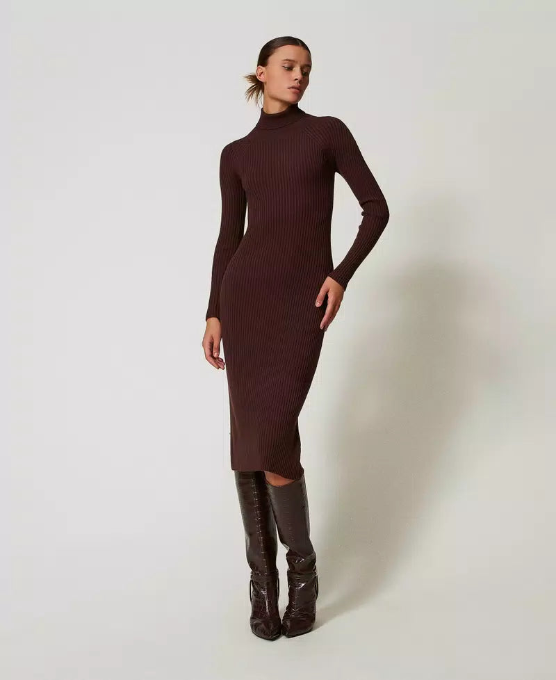 Long Ribbed Knit Dress - Coffee Chocolate by Twinset | 25 South Boutiques