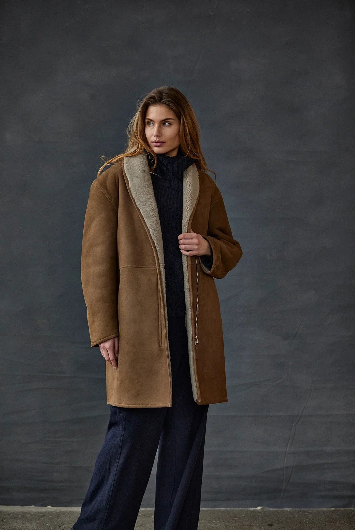 Shearling Coat Long - Dark Camel by Kristensen — alternate view