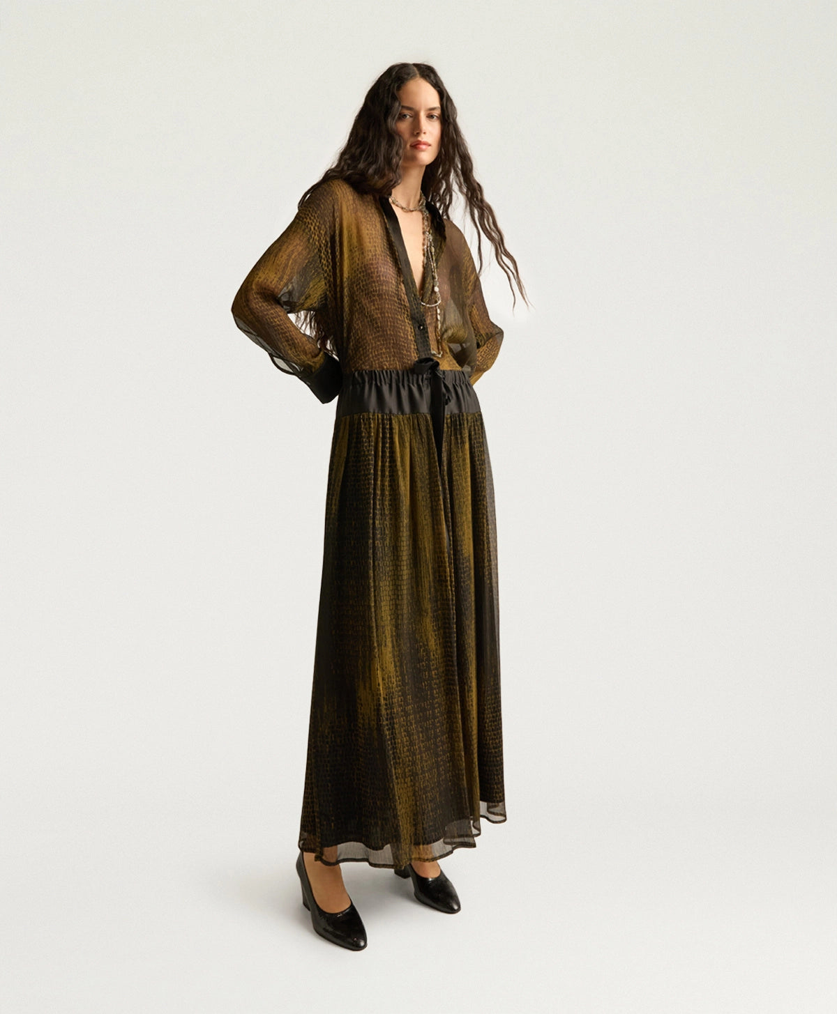Momonì Liosa Long Bis Printed Silk Skirt - Bicolor Military