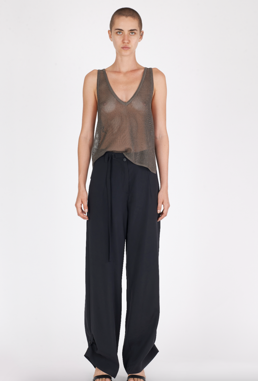 Shiny Viscose Mesh V Neck Tank - Mud by Isabel Benenato — alternate view
