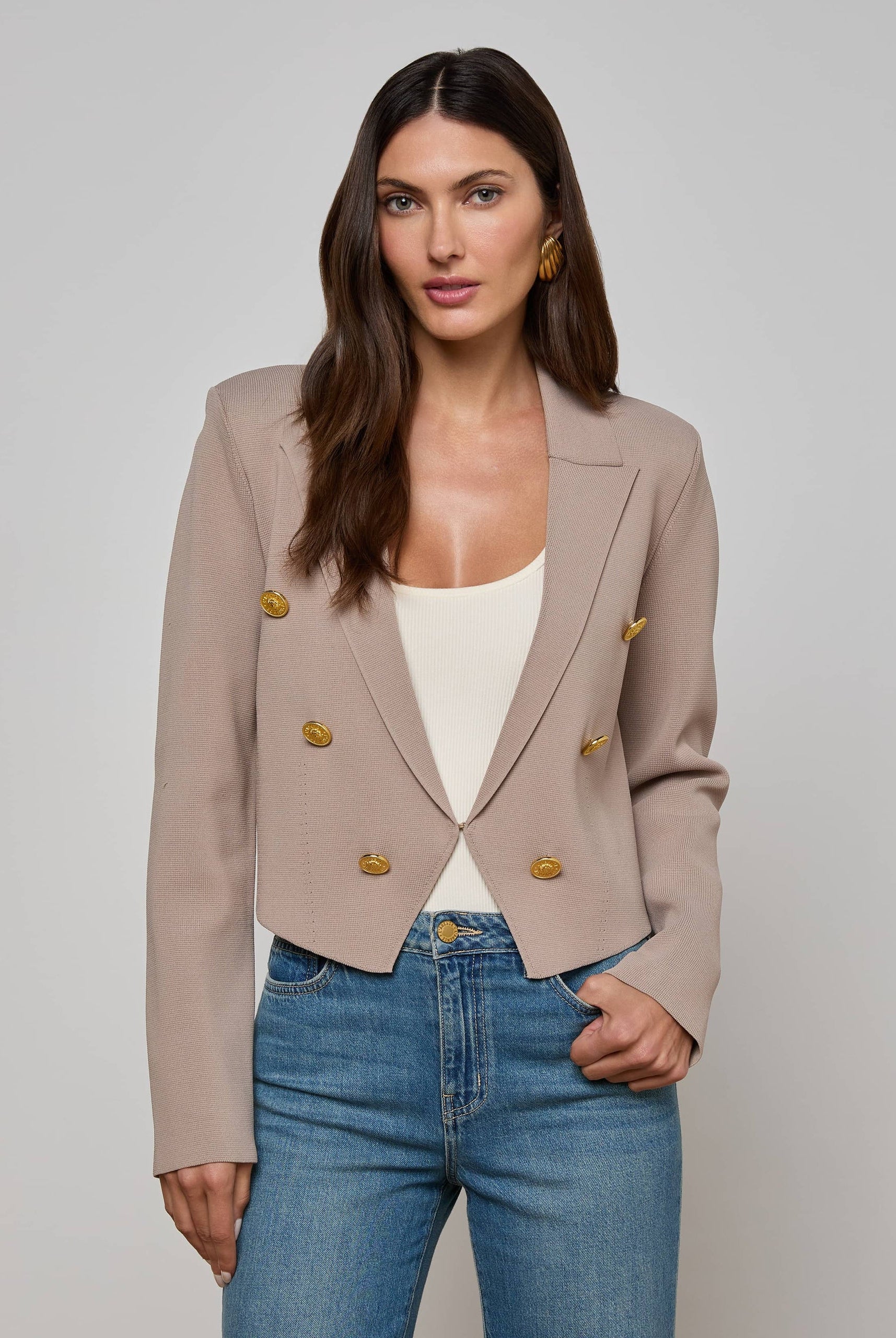 Elio Cropped Knit Blazer - Pale Khaki / Gold by L'agence | 25 South Boutiques