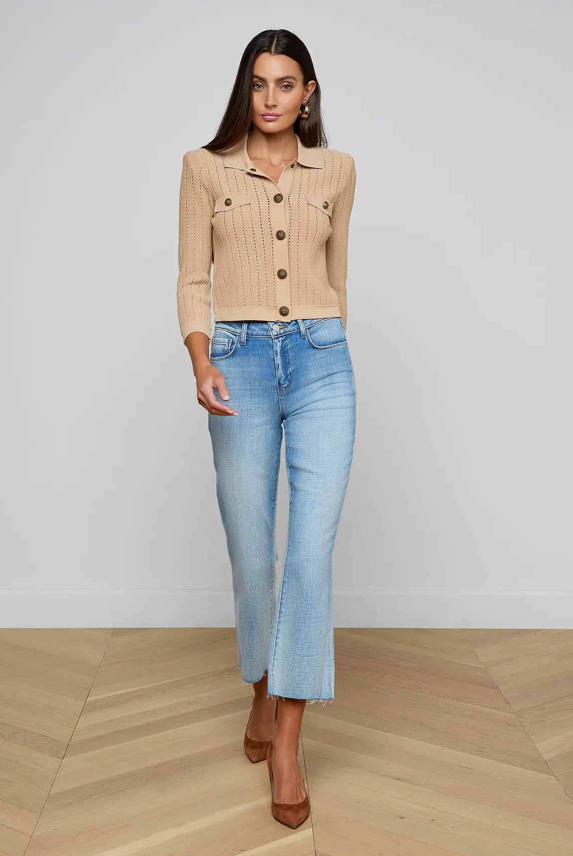 Risa Collared Cardigan - Light Almond Gold by L'agence — view 3