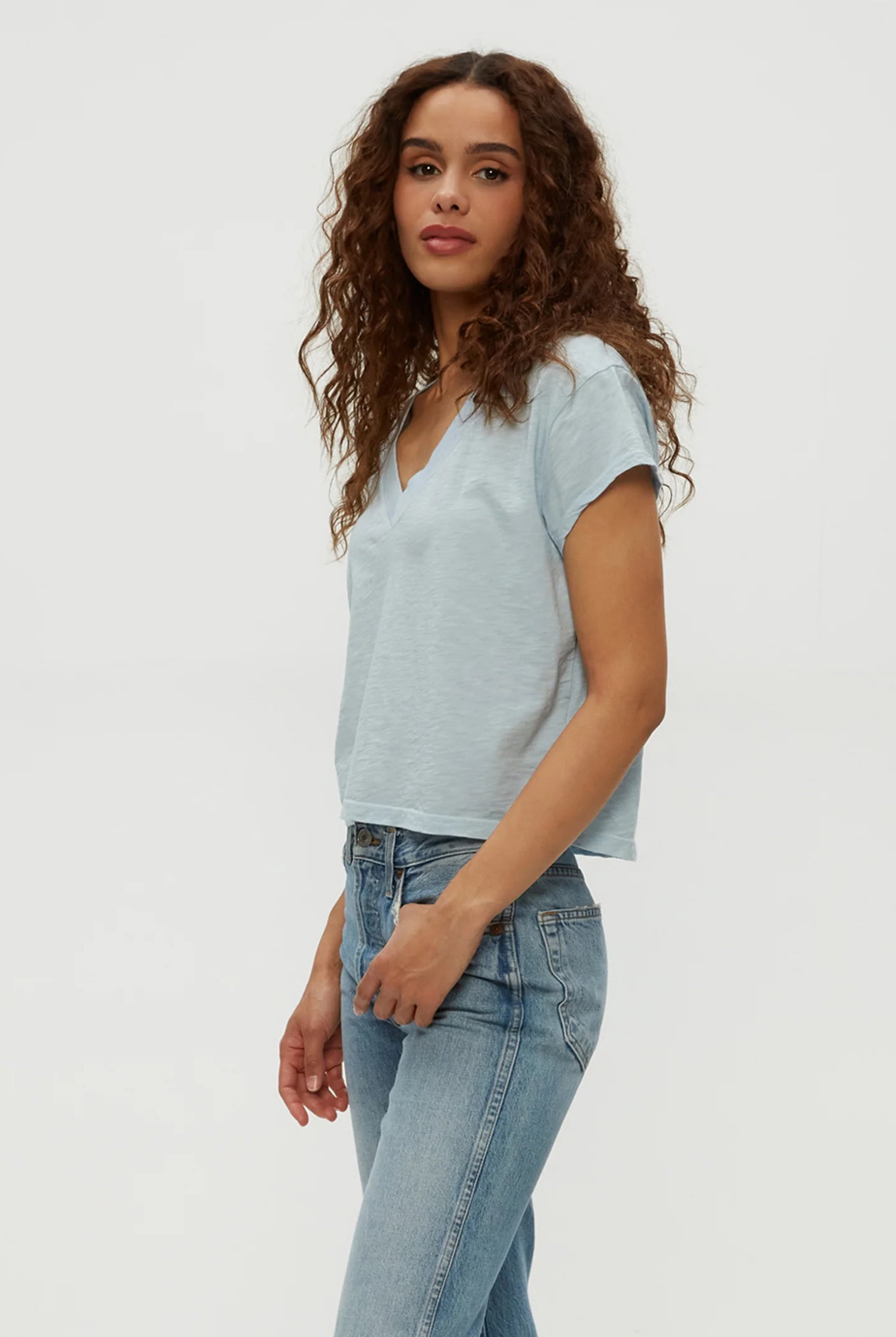 Harlan Cropped V Neck Tee - Fountain by Michael Stars — view 3