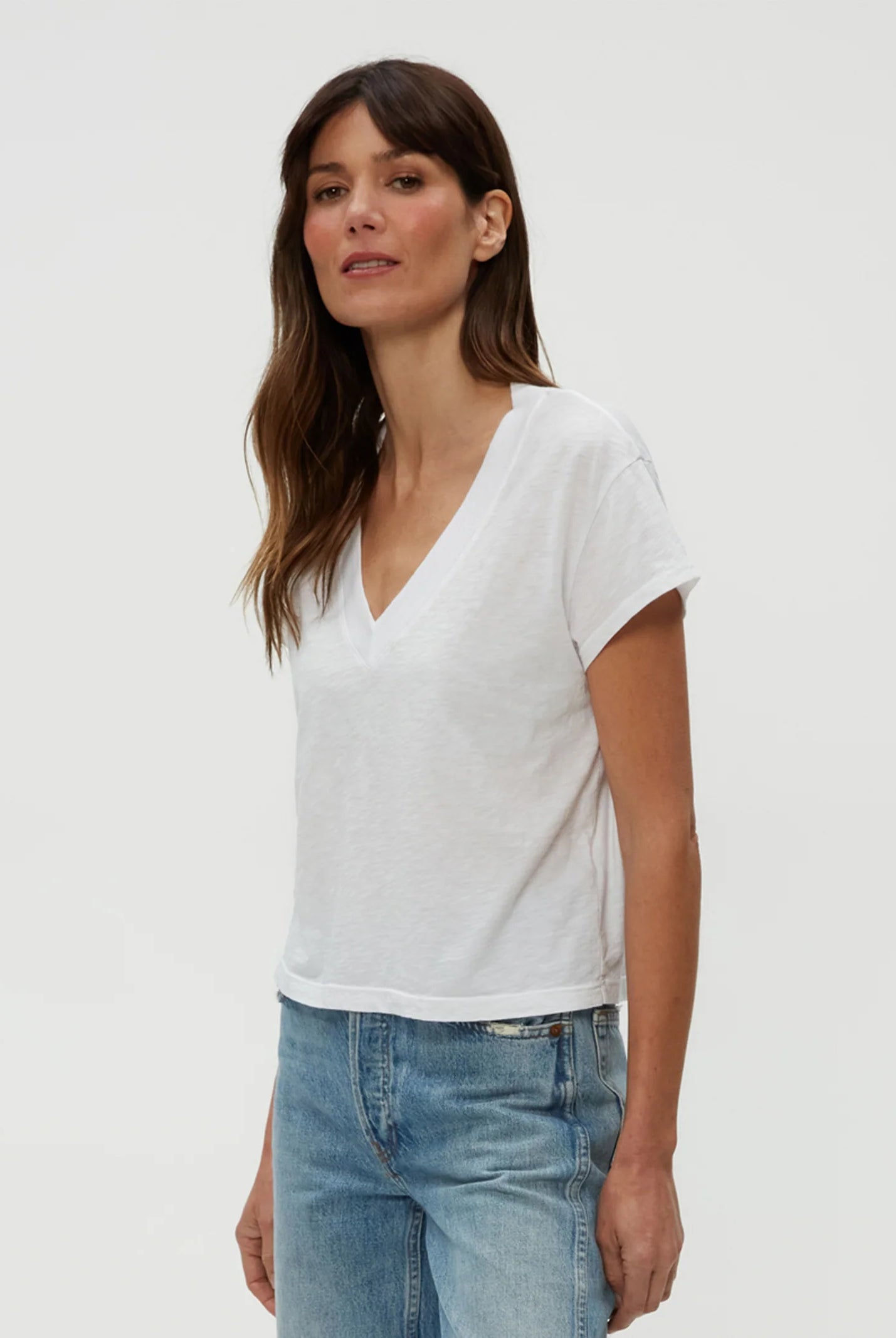 Harlan Cropped V Neck Tee - White by Michael Stars — view 3