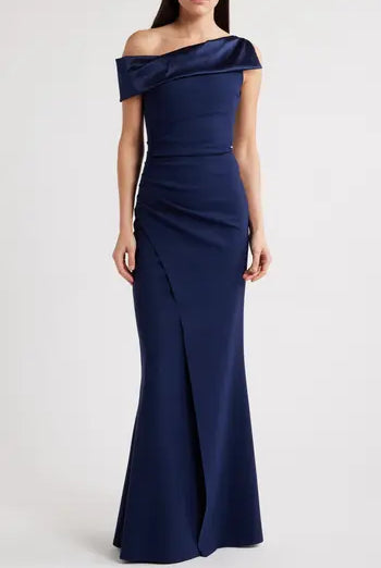 Koppany Ruched One-Shoulder Jersey Trumpet Gown - Navy by Chiara Boni | 25 South Boutiques