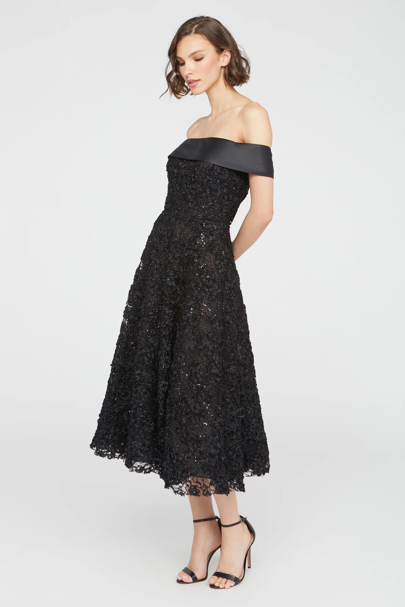 Roxy Off Shoulder A Line Dress - Black by Theia — view 3