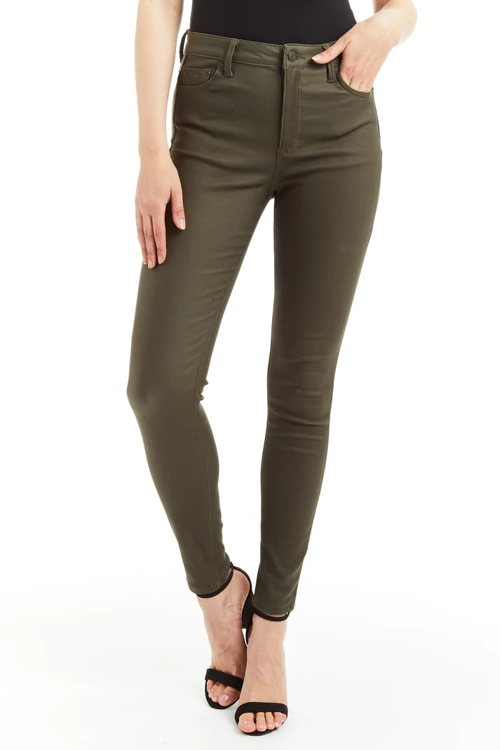 Nina High Rise Coated Skinny - Olive by Tractr — alternate view