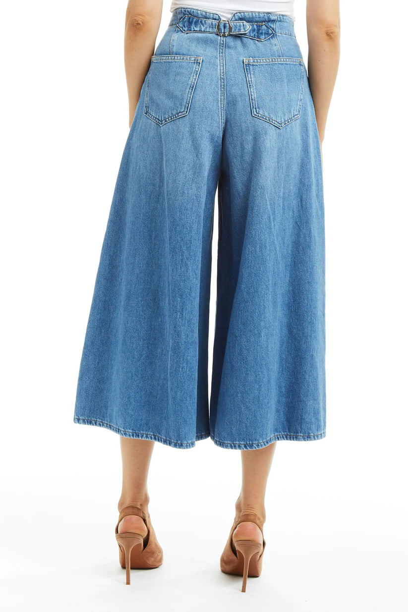 Denim Culotte with Back Buckle - Medium Wash by Tractr — view 4
