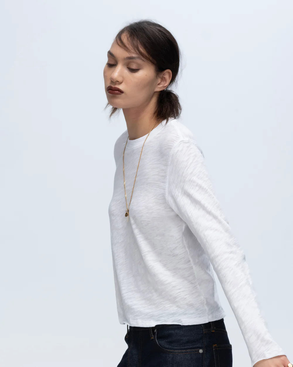Slub Jersey Long Sleeve Destroyed Wash Crop Tee - White by ATM — view 4
