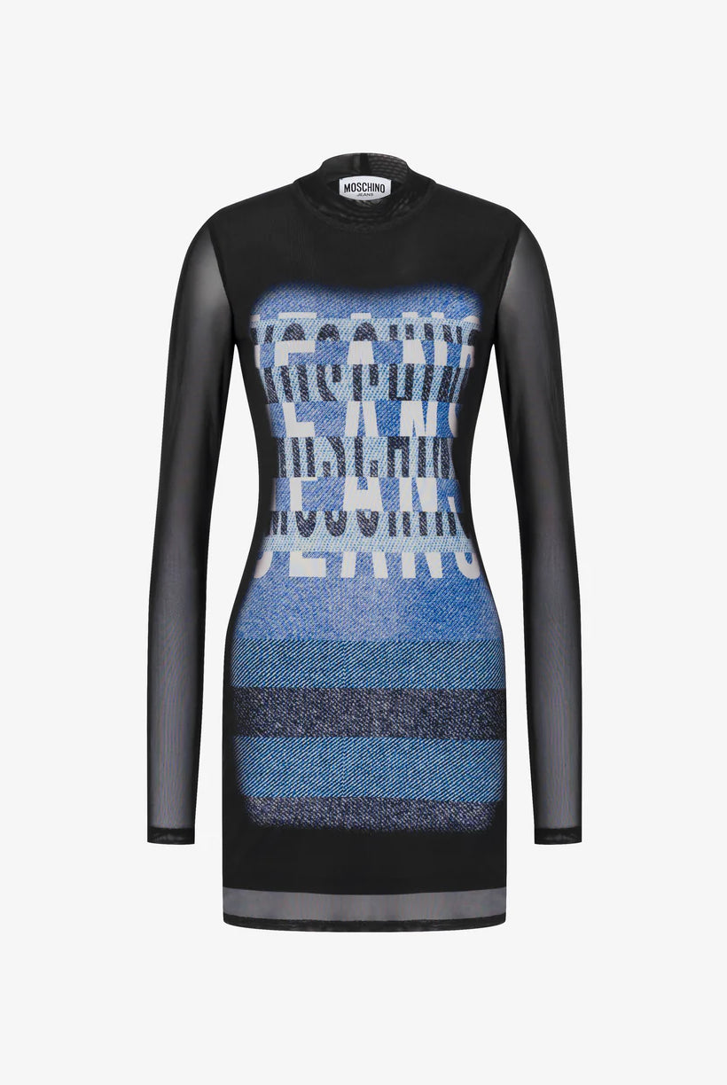 Printed Sheer Logo Mini Dress - Black by Moschino — view 4