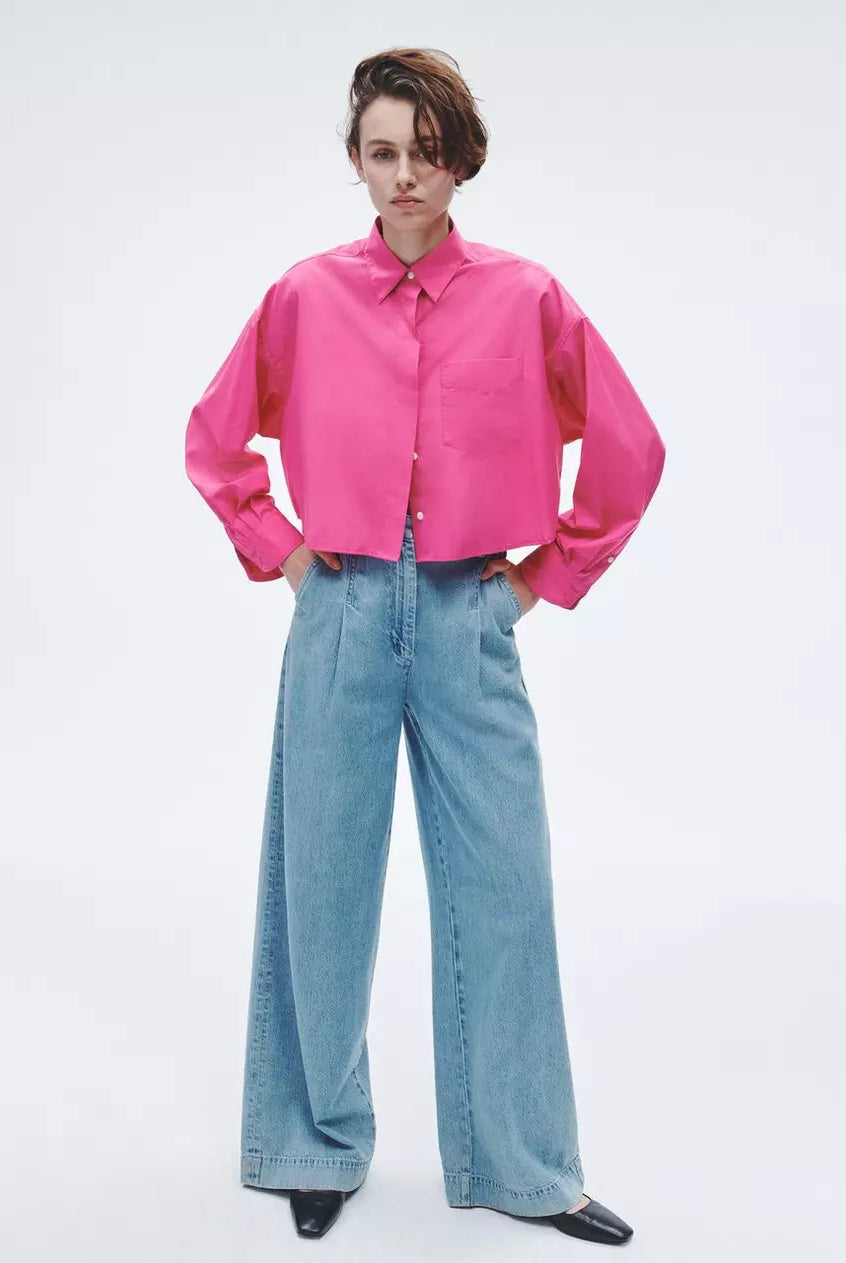 Beatrice Cotton Poplin Crop Shirt - Bright Pink by Rag & Bone — view 4