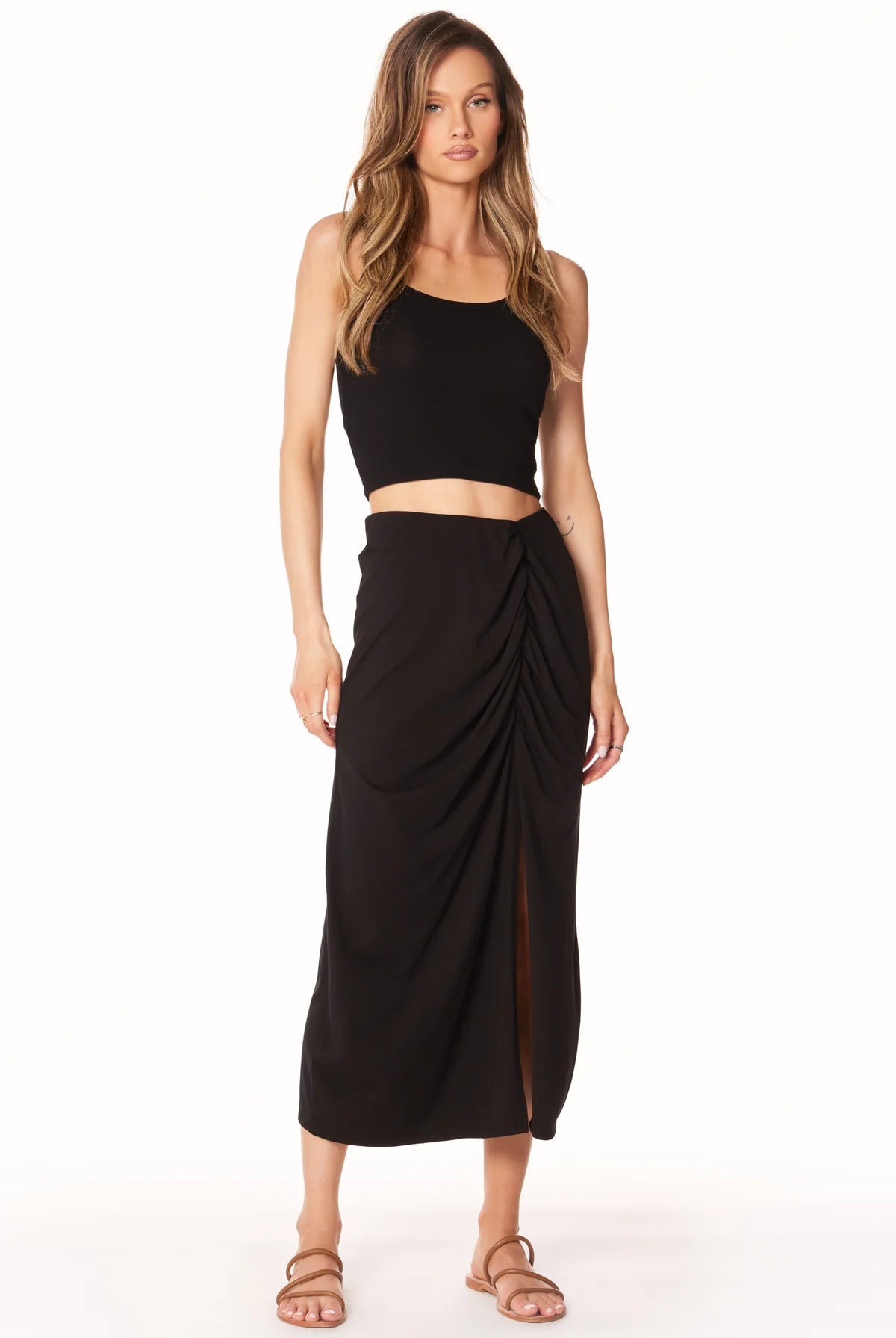 Shirred Skirt w/ Slit - Black by Bobi — alternate view