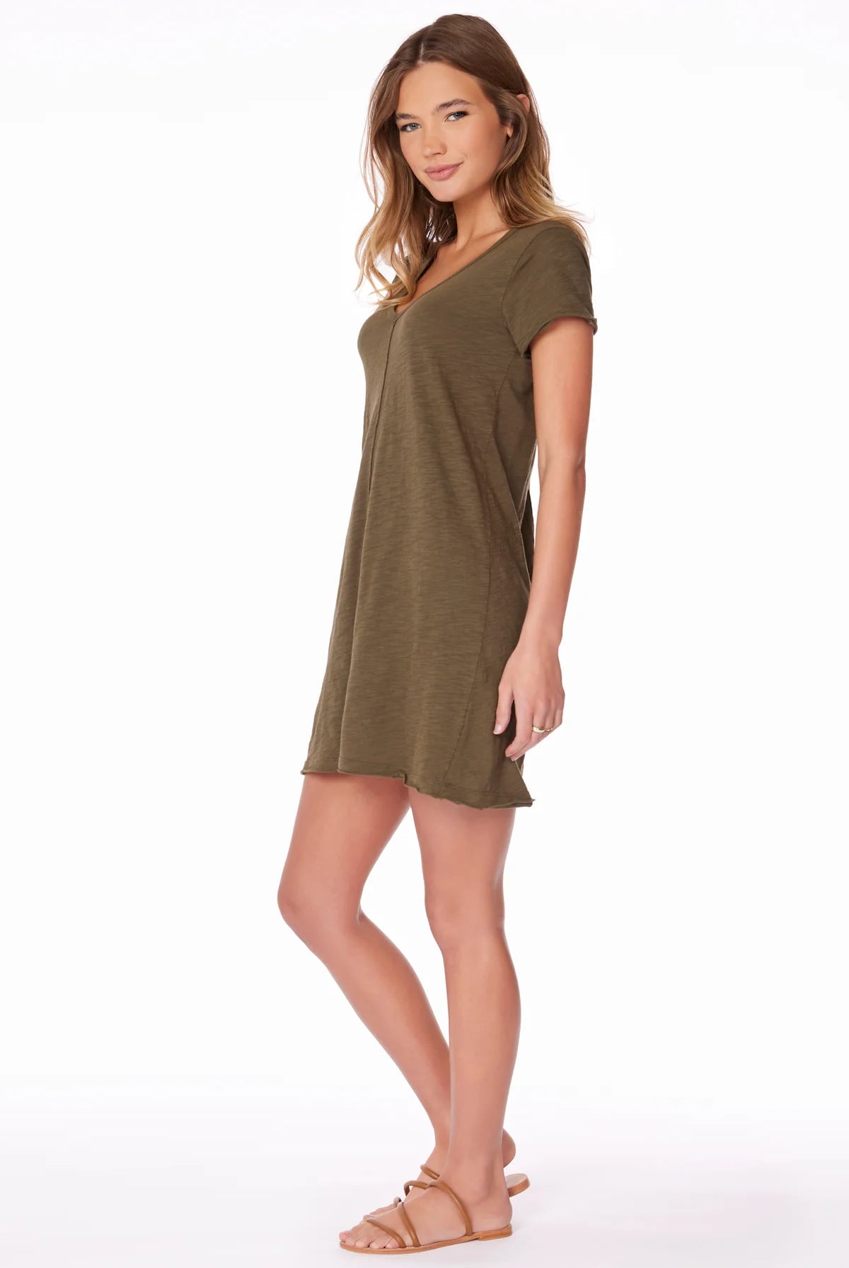 V Neck Raw Edge T-Shirt Dress - Troops by Bobi — alternate view