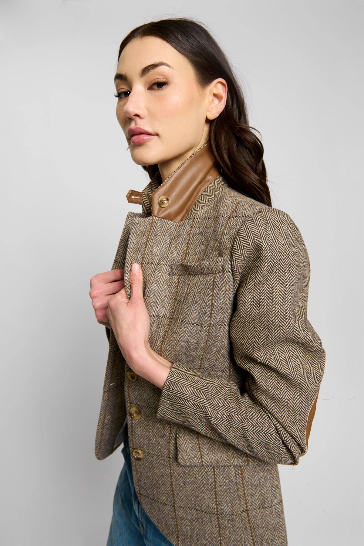 Central Park West Asher Mixed Plaid Riding Jacket - Khaki Mixed Plaid, view 4