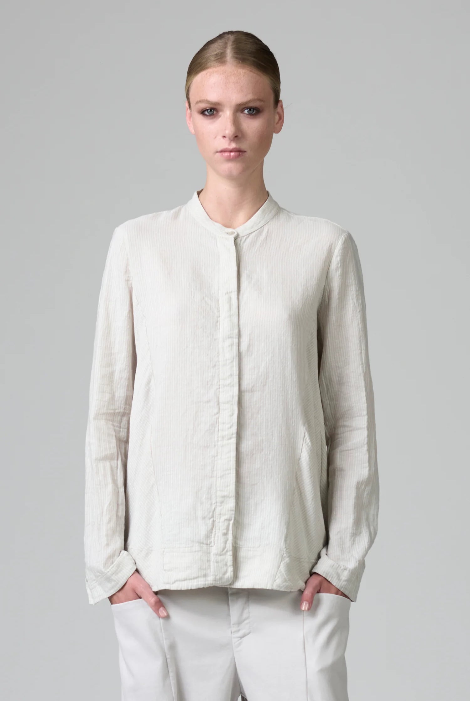 Mandarin Collar Striped Cotton Linen Shirt - Chalk by Transit Par-Such | 25 South Boutiques
