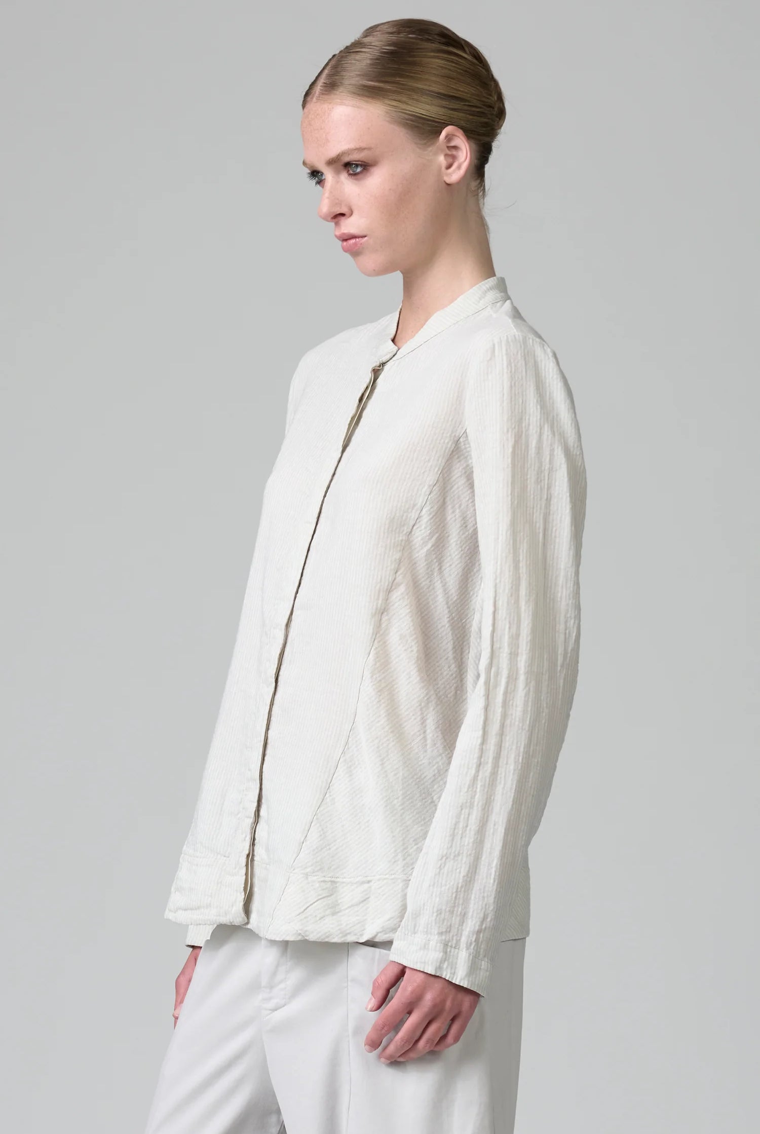 Mandarin Collar Striped Cotton Linen Shirt - Chalk by Transit Par-Such — alternate view