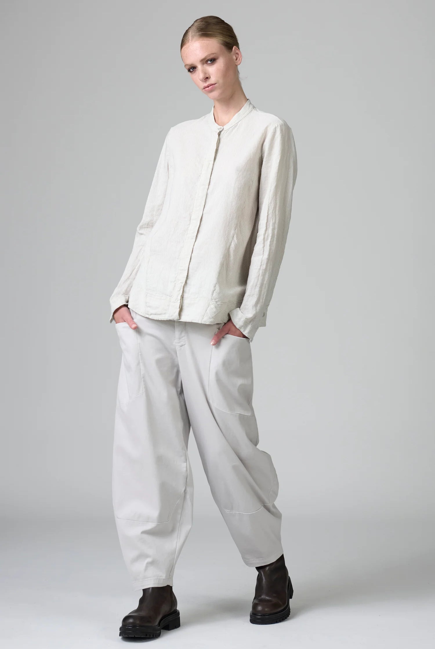 Mandarin Collar Striped Cotton Linen Shirt - Chalk by Transit Par-Such — view 4