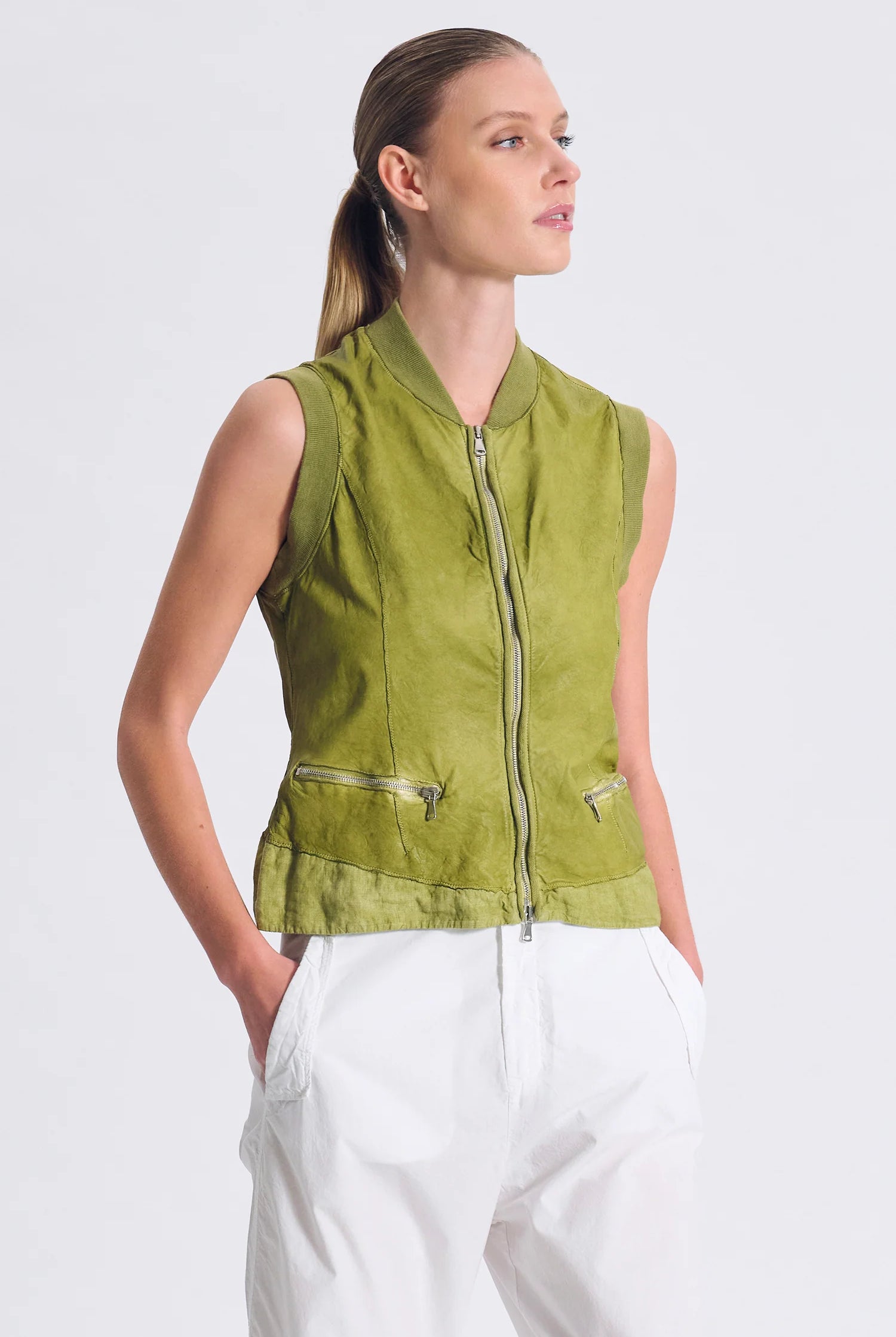 Slim Fit Leather Vest - Olive by Transit Par-Such — alternate view