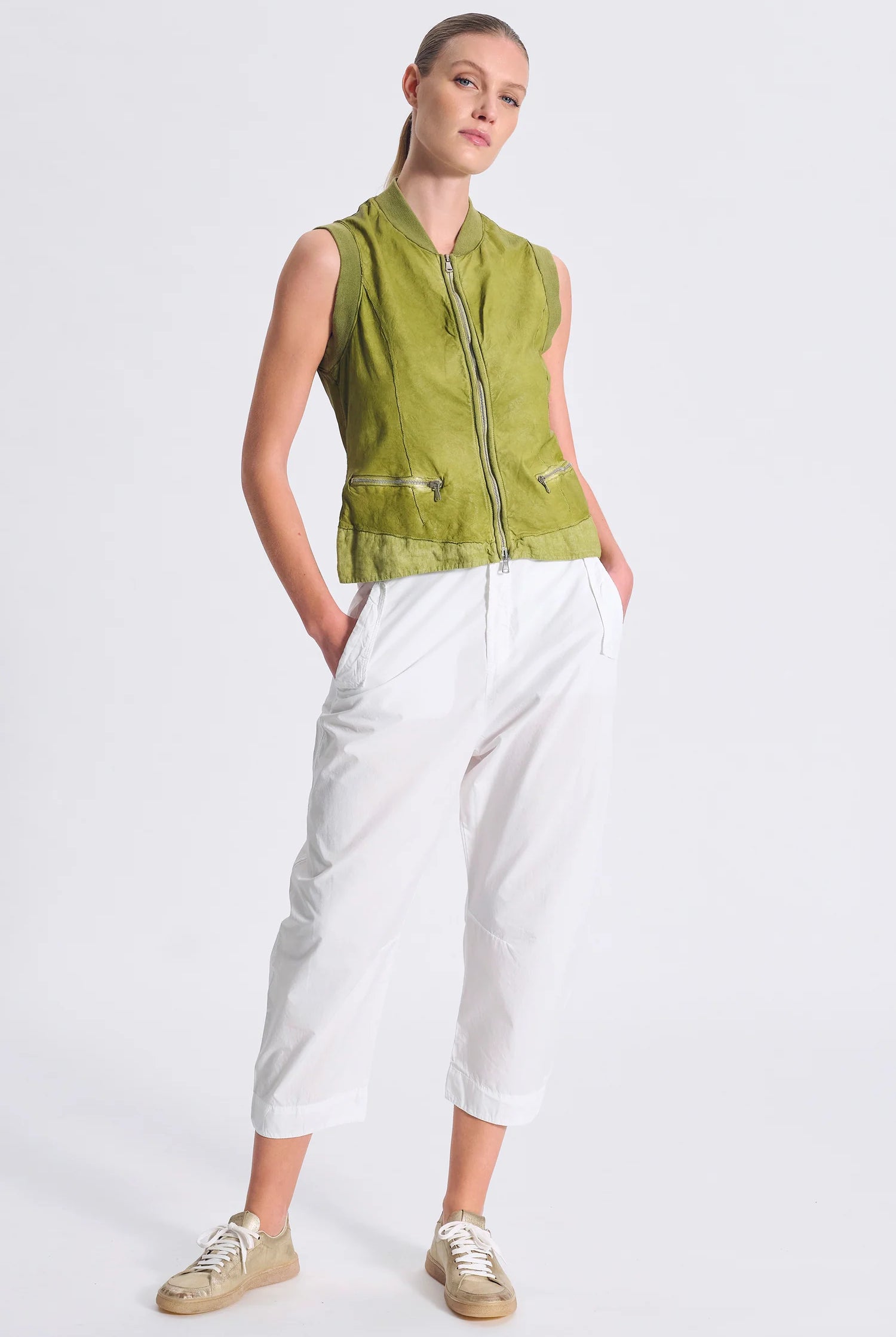Slim Fit Leather Vest - Olive by Transit Par-Such — view 4