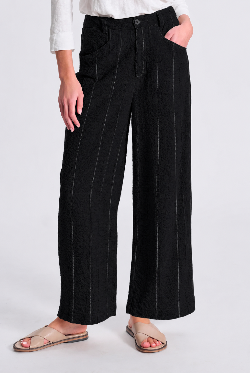 Wide Leg Pinstripe Trousers - Black by Transit Par-Such — view 3