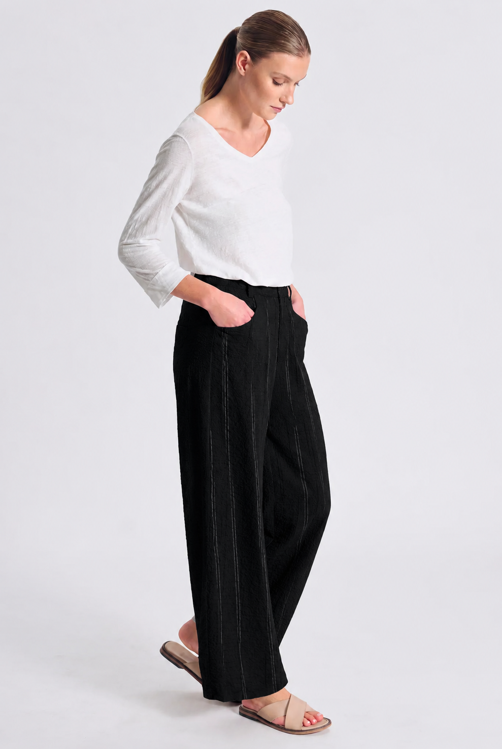 Wide Leg Pinstripe Trousers - Black by Transit Par-Such — alternate view
