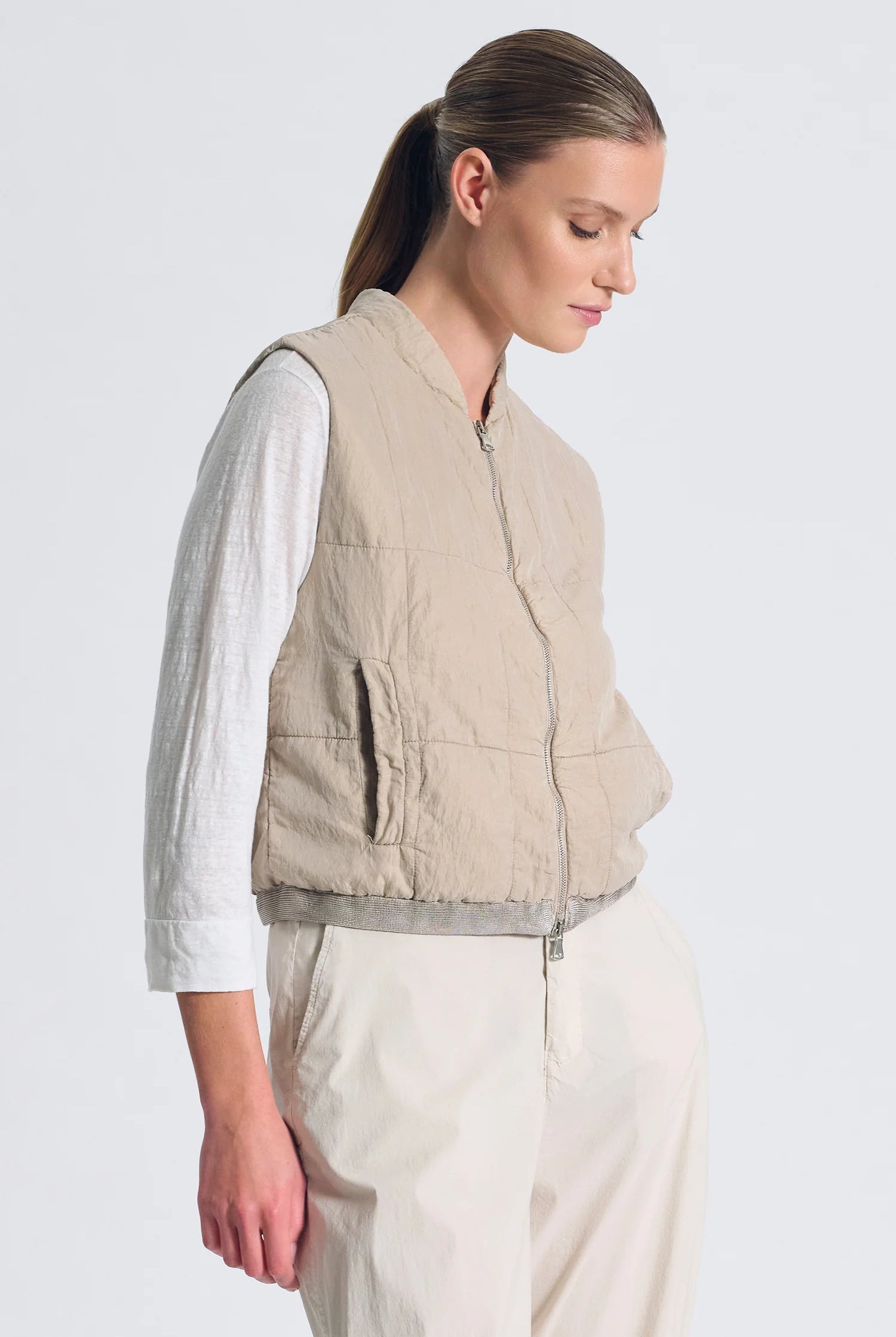 Regular Fit Padded Silk Vest - Sand by Transit Par-Such — view 3