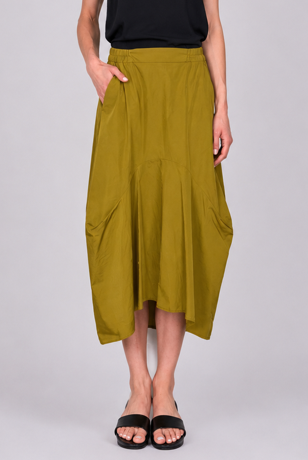 Cotton Elastic Waist Midi Skirt - Olive by Transit Par-Such — alternate view