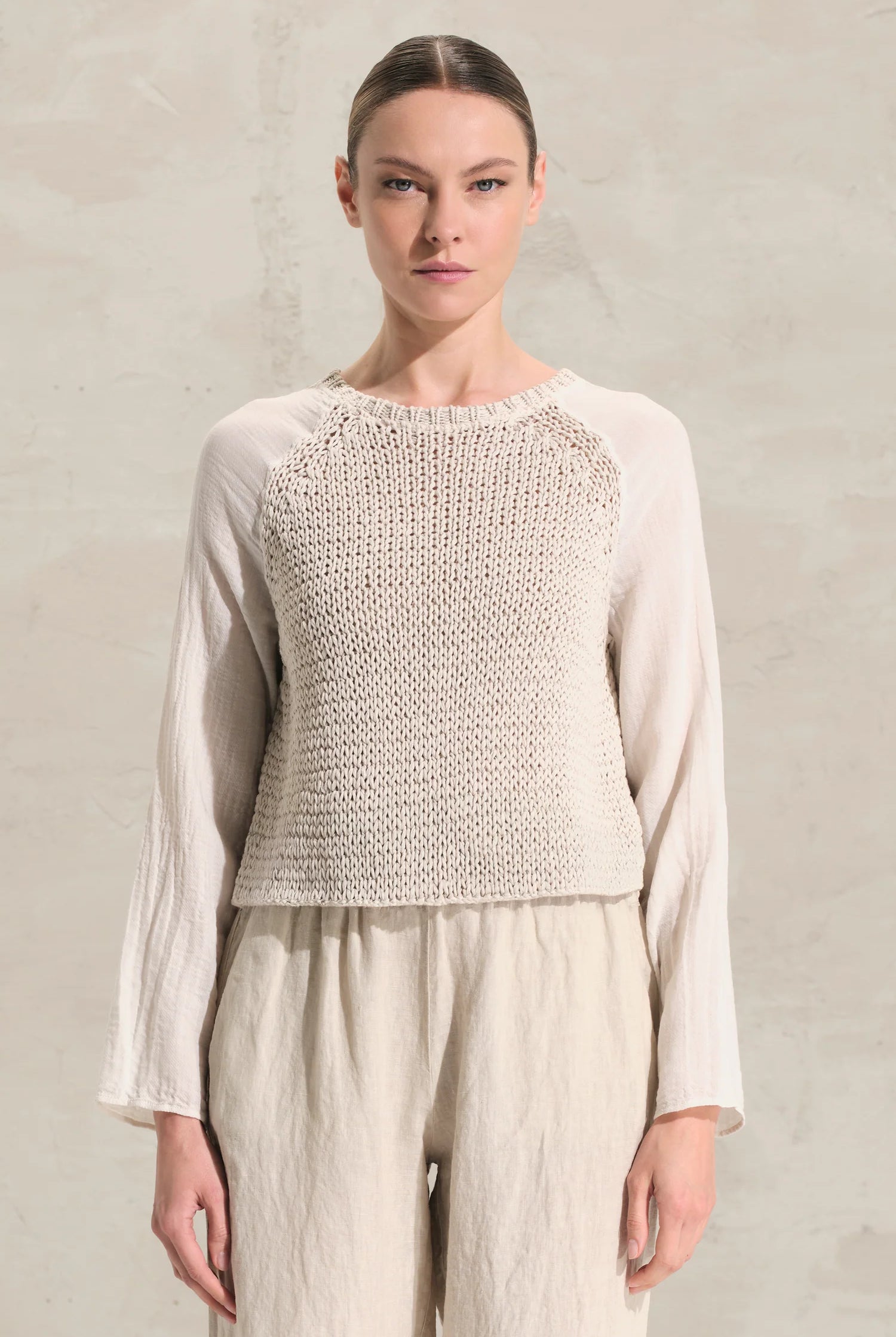 Cotton Ribbon Knit Muslin Sleeve Sweater - Sand by Transit Par-Such | 25 South Boutiques
