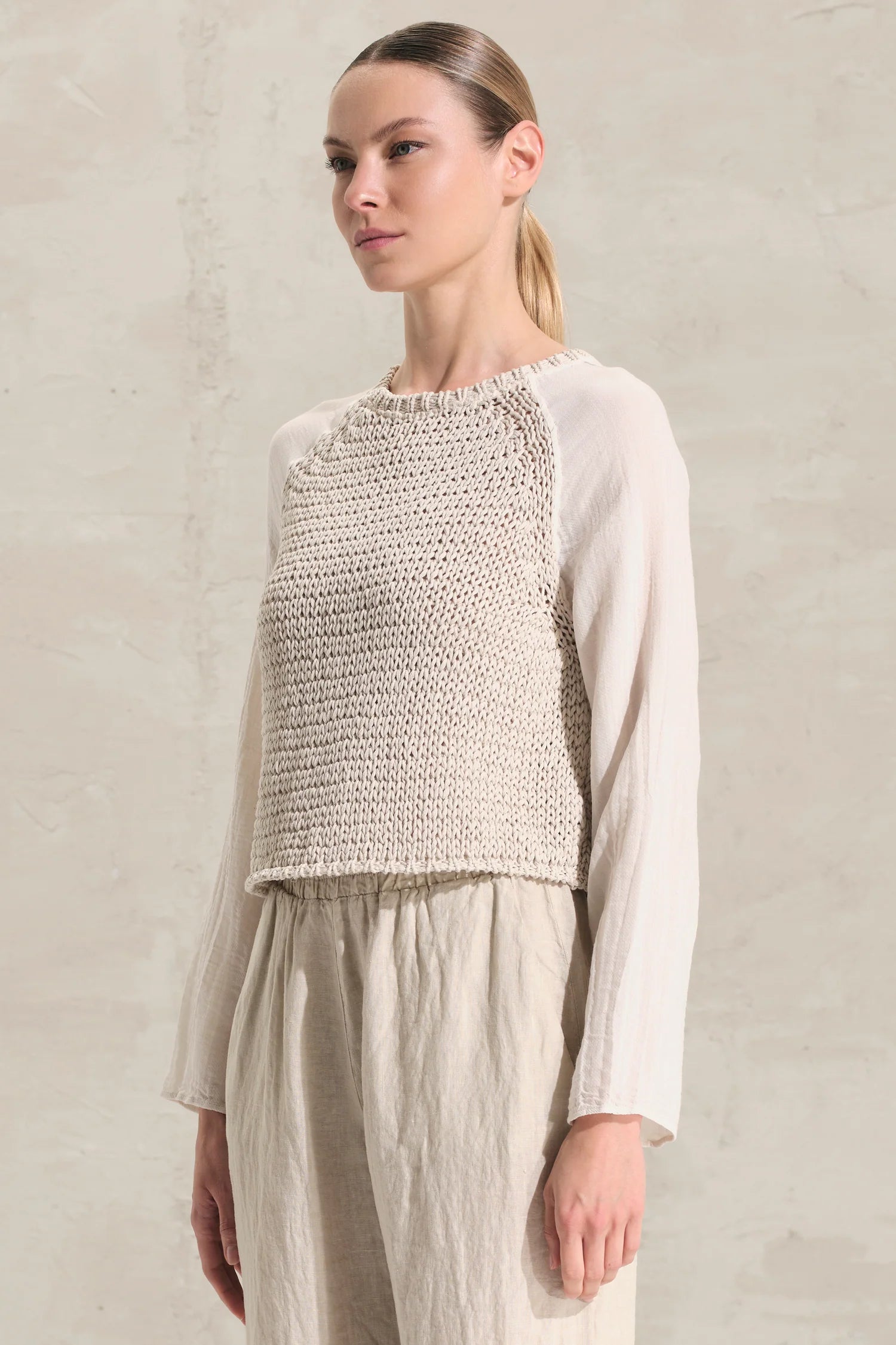 Cotton Ribbon Knit Muslin Sleeve Sweater - Sand by Transit Par-Such — view 3