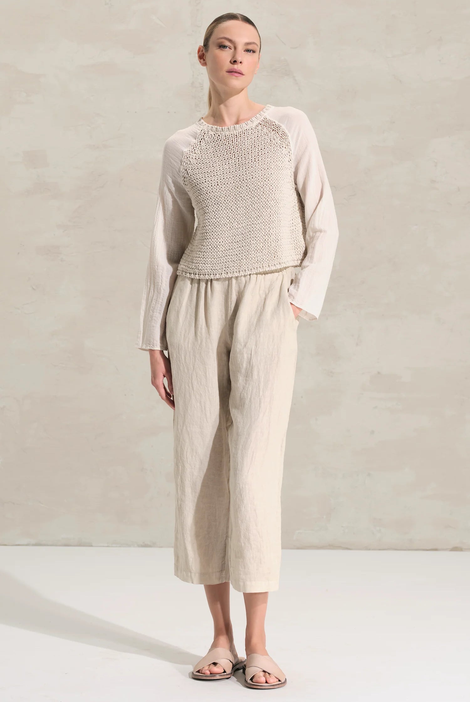 Cotton Ribbon Knit Muslin Sleeve Sweater - Sand by Transit Par-Such — alternate view