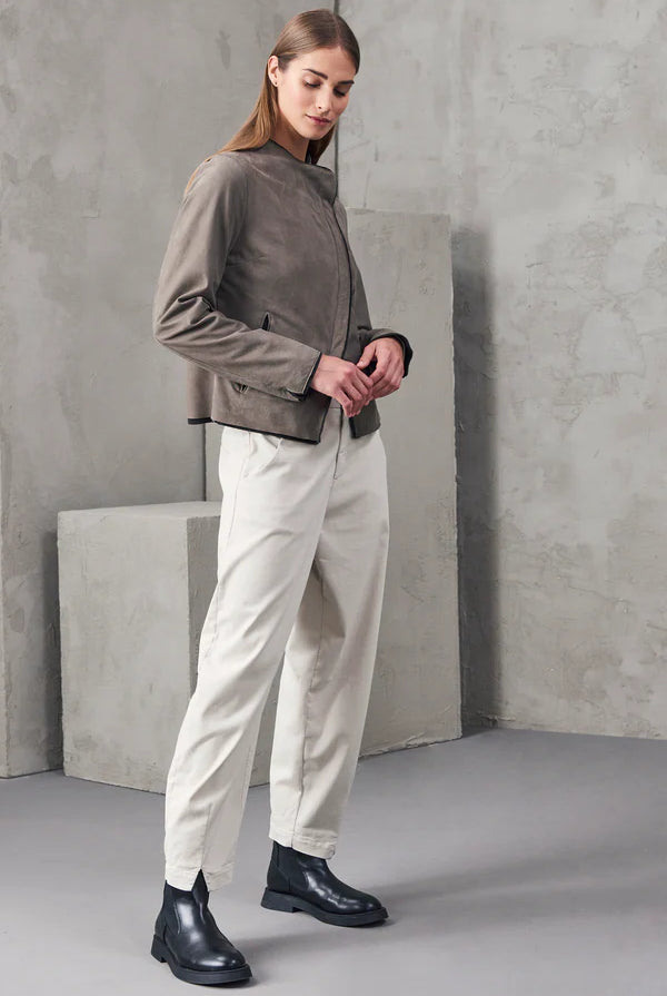 Short Zipped Waxed Leather Lined Jacket - Taupe by Transit Par-Such — view 6