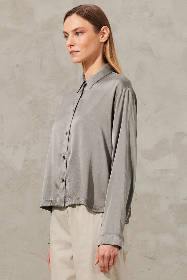 Long Sleeve Stretch Silk Satin Shirt - Grey by Transit Par-Such — view 3