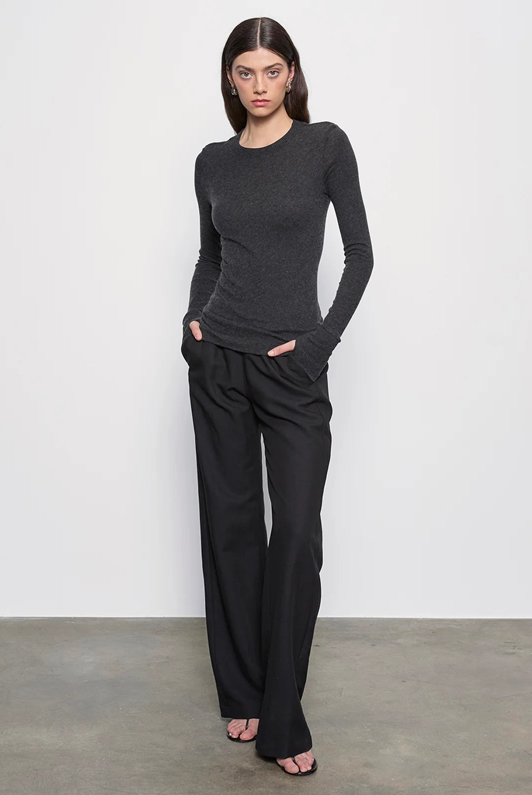 Cashmere Easy Cuffed Crew - Charcoal by Enza Costa — alternate view