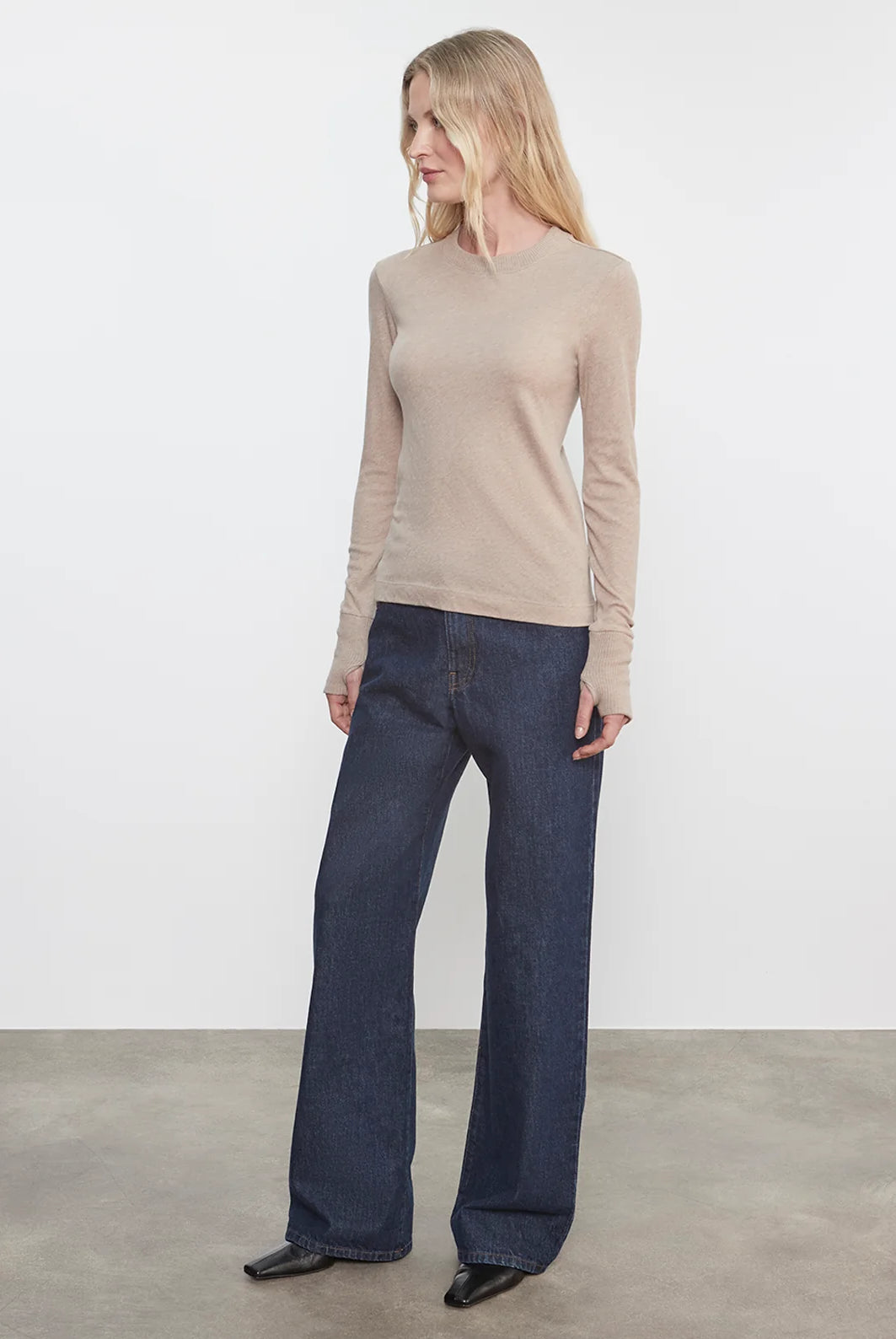 Cashmere Easy Cuffed Crew - Khaki by Enza Costa — view 3