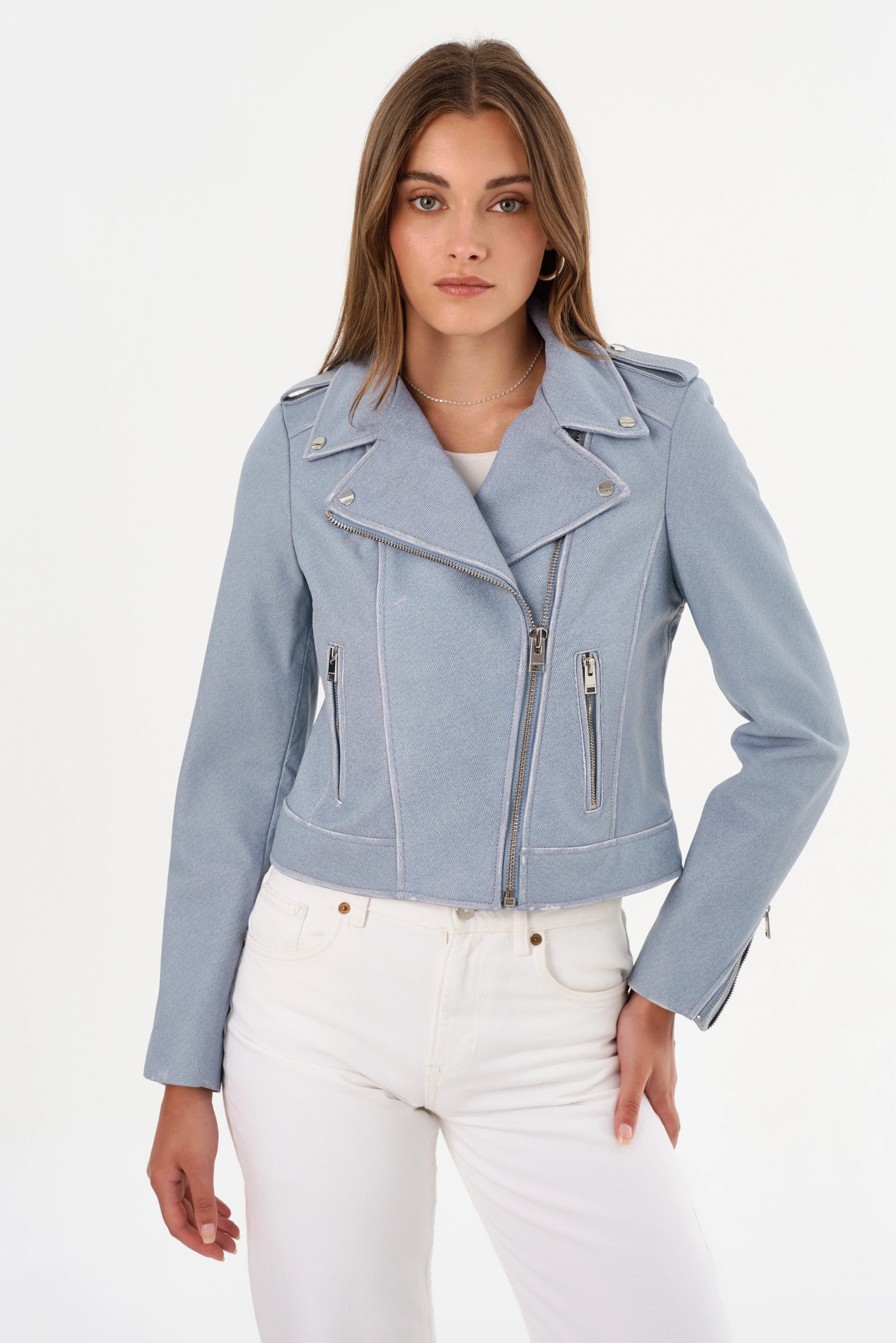 Donna Leather Biker Jacket - Light Blue Denim by LAMARQUE | 25 South Boutiques