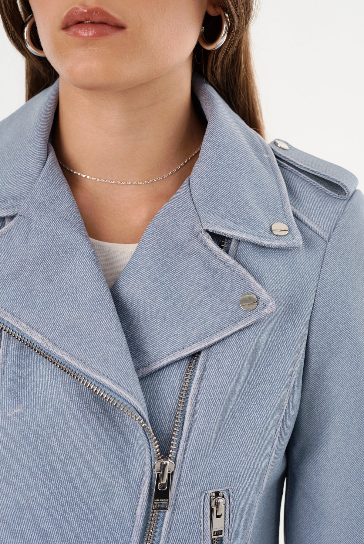 Donna Leather Biker Jacket - Light Blue Denim by LAMARQUE — view 4