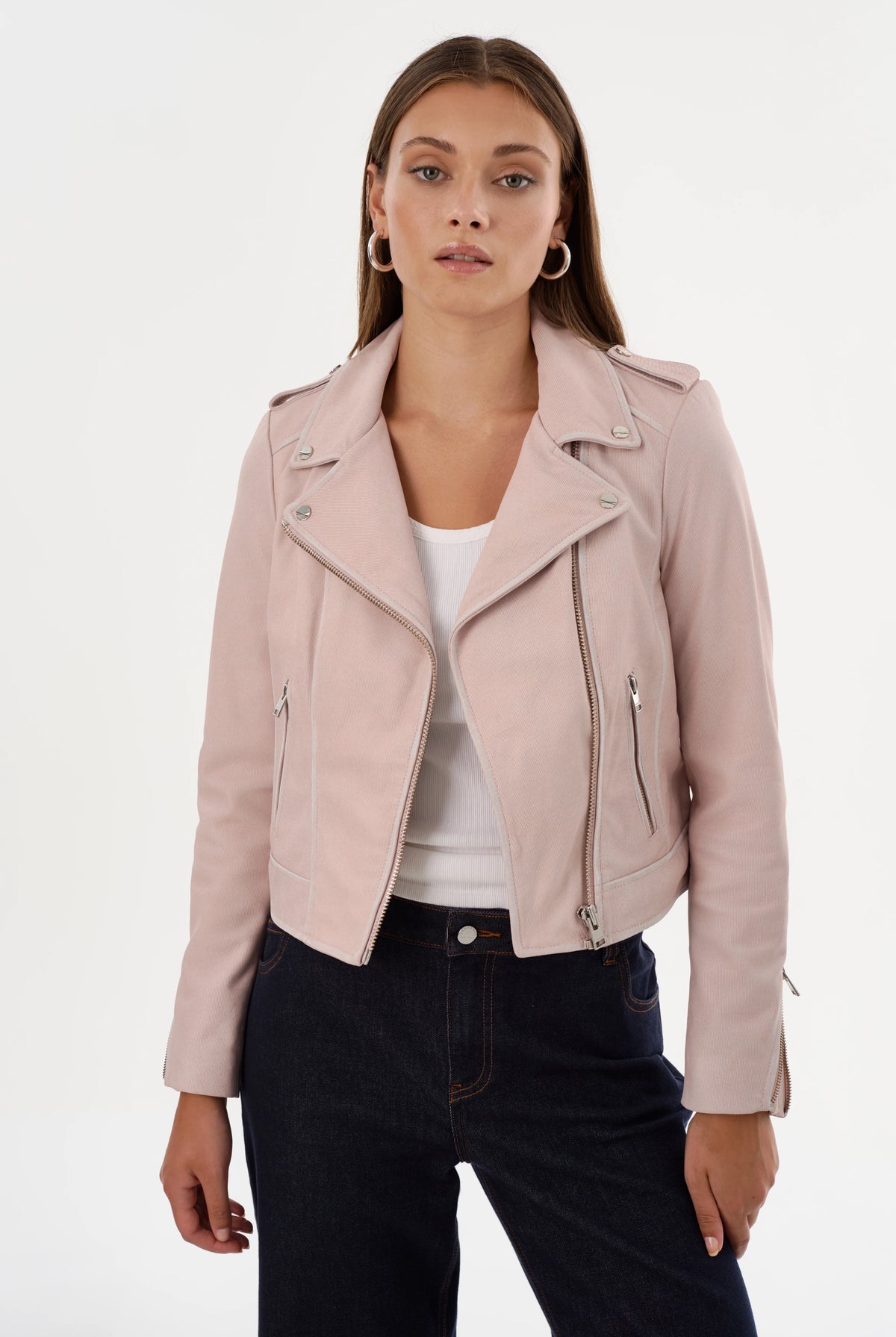 Donna Leather Biker Jacket - Pink Denim by LAMARQUE — alternate view