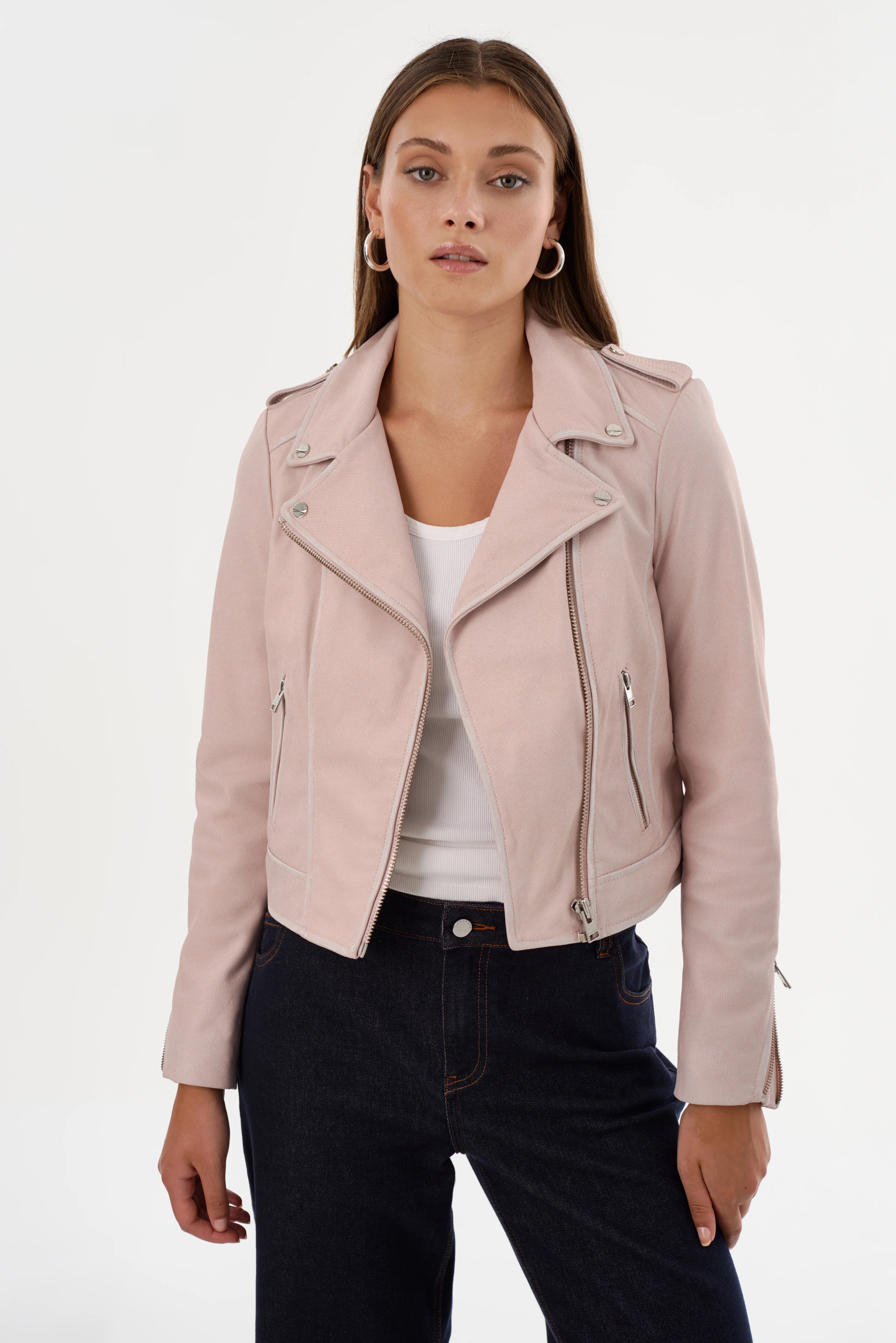 Donna Leather Biker Jacket - Pink Denim by LAMARQUE — alternate view
