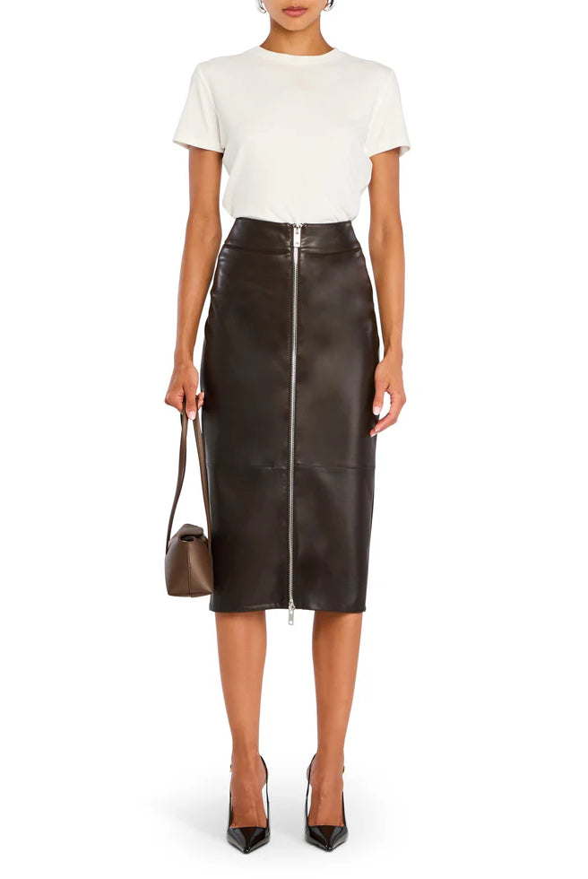 Millicent Vegan Leather High Rise Midi Skirt - Ash Brown by SER.O.YA | 25 South Boutiques