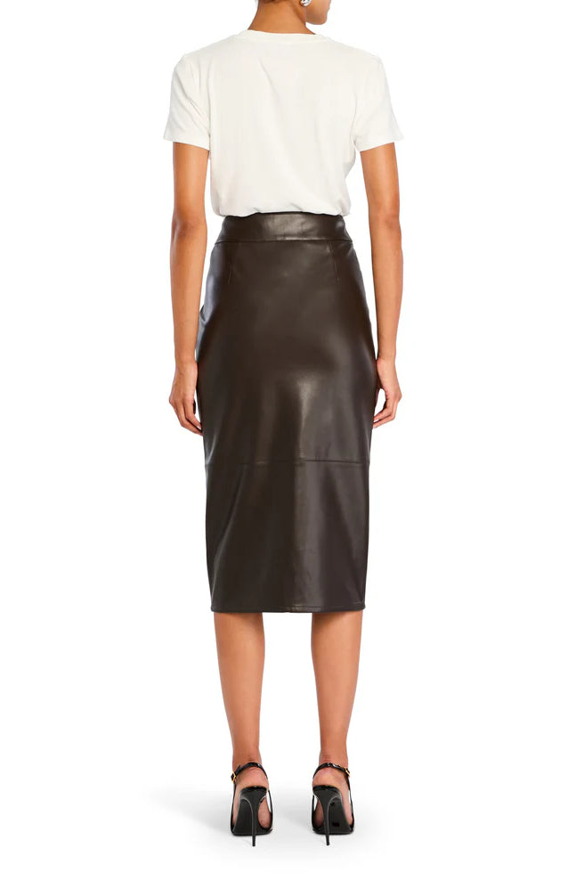 Millicent Vegan Leather High Rise Midi Skirt - Ash Brown by SER.O.YA — view 4