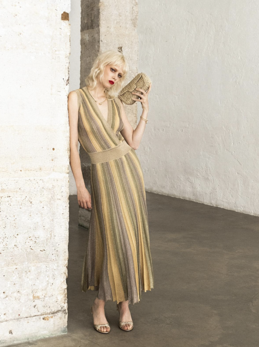 Gala Lurex Pleated Wrap Dress - Green April Moon by Maison Lurex — view 6